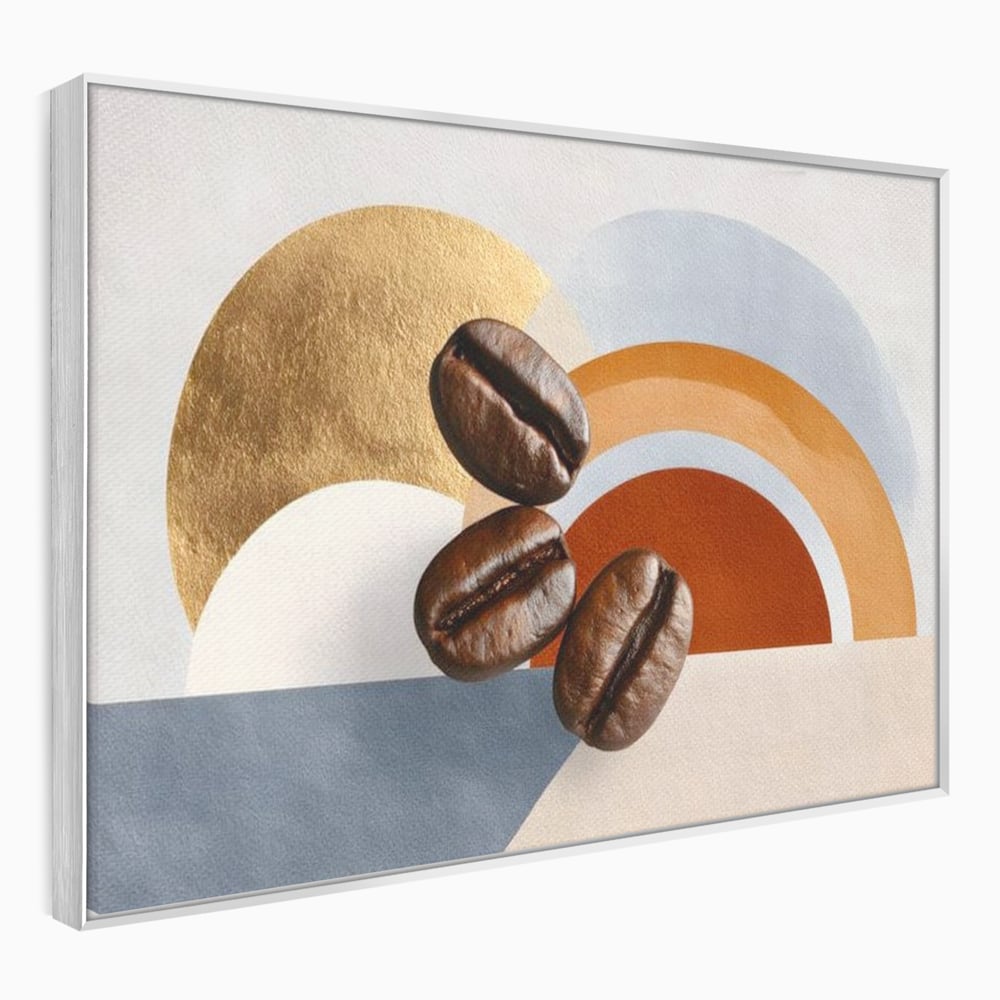 Tablou canvas cu tablou canvas cu boabe de cafea si forme geometrice, in rama de aluminiu argintiu